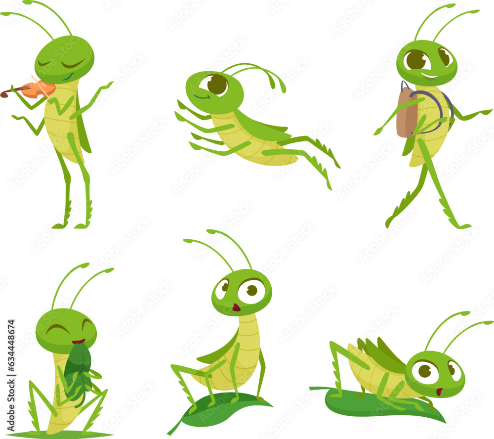 Cute cartoon insects in action poses exact vector set of