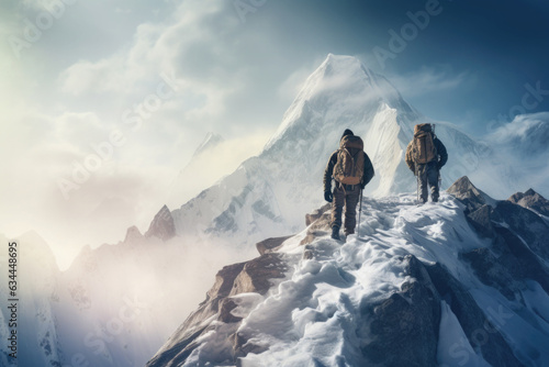 Two climbers ascend mountain peak. Back view of alpinists climbing snow covered mountains. Travelers during outdoor activities