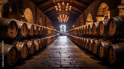 Wine barrels in wine vaults  Wine or whiskey barrels.