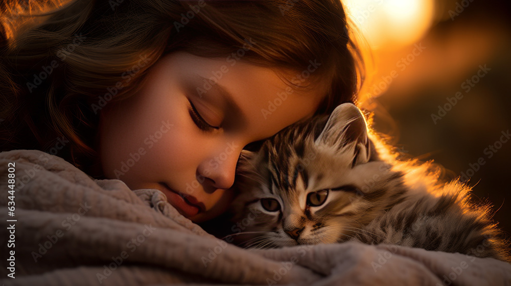 a little girl sleeping cute kitty happily a little girl sleeping cute kitty happily