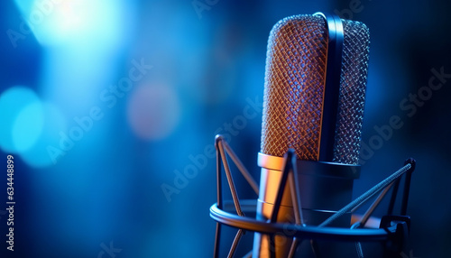 photograph of Professional microphone with waveform on blue background banner