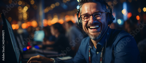 portrait call center man wearing headphone smiled working with staffs people