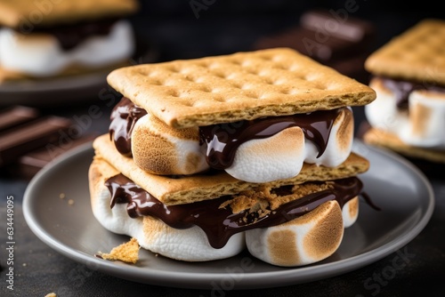 Homemade marshmallow s'mores with chocolate on crackers. photo