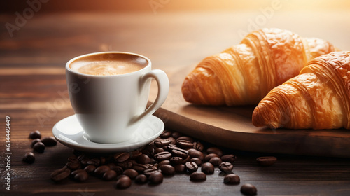 Freshly baked small croissants and and cup of coffee capp on rustic stone table, copy space, menu advertising