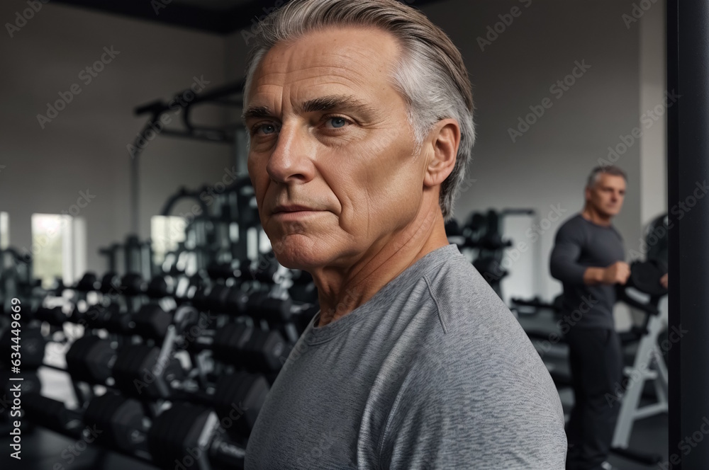 Aged man close-up. Man in the gym. Generative AI Aged man close-up. Man in the gym. Generative AI