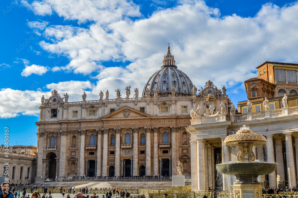The Papal Basilica of Saint Peter in the Vatican, or simply Saint Peter's Basilica is a renaissance style church in Vatican in Rome , Italy - obrazy, fototapety, plakaty 