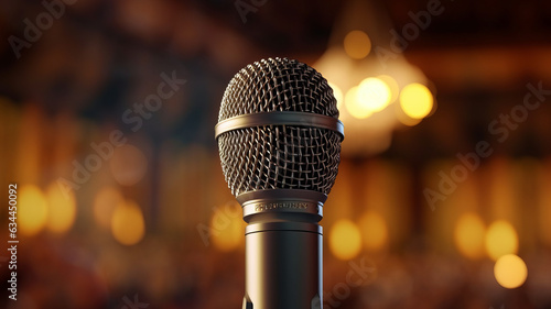 photograph of A classic musical microphone on blur colorful background. © LomaPari2021