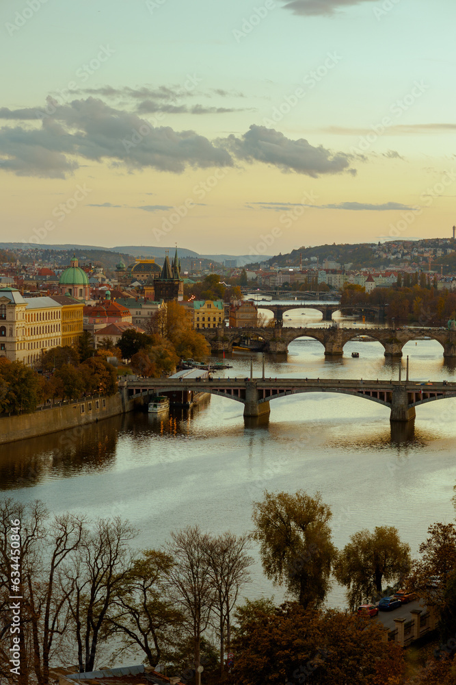 landscape at sunset in autumn in Prague, Czech Republic