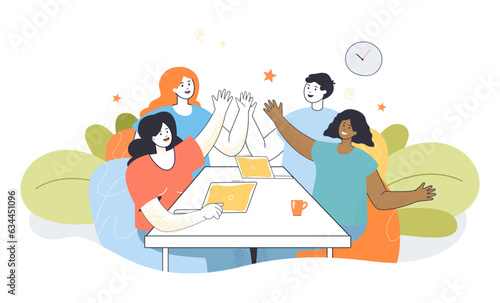 Friends or colleagues giving high fives vector illustration. Cartoon drawing of man and women sitting at table together. Friendship, communication, happiness, teamwork, social skills concept