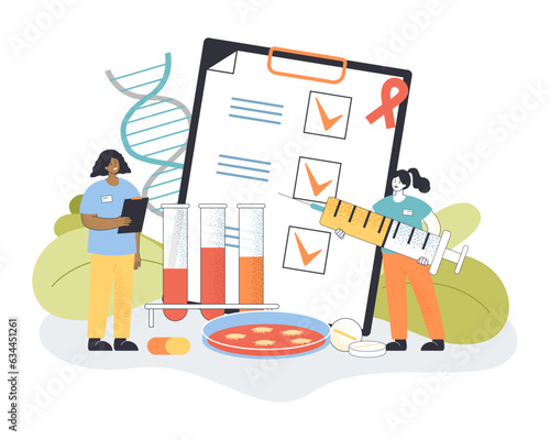 Tiny doctors with cancer vaccine syringe vector illustration. Cartoon drawing of medical professionals with laboratory equipment and medication. Disease, health, medicine, vaccination concept