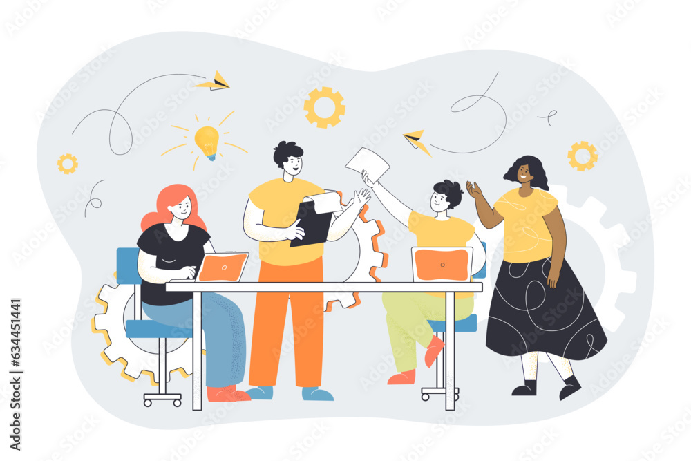 Colleagues sharing ideas at desk vector illustration. Cartoon drawing of business or company project manager, employees working on laptops. Enterprise communication, teamwork, management concept Colleagues sharing ideas at desk vector illustration. Cartoon drawing of business or company project manager, employees working on laptops. Enterprise communication, teamwork, management concept