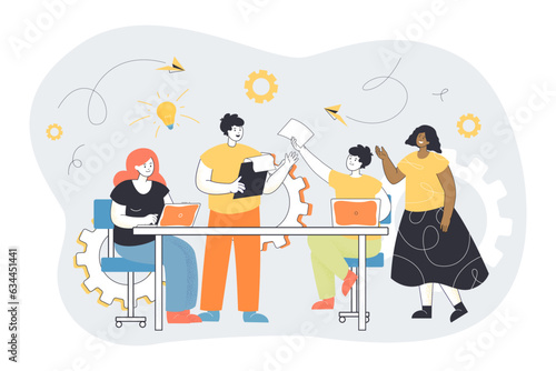Colleagues sharing ideas at desk vector illustration. Cartoon drawing of business or company project manager, employees working on laptops. Enterprise communication, teamwork, management concept