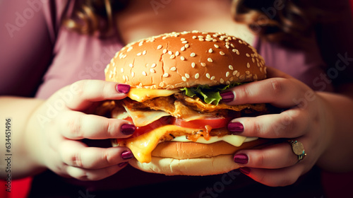 Fat woman choice eat burger or not. Adult girl eat hamburger. Big tasty cheeseburger. Adiposity problem
