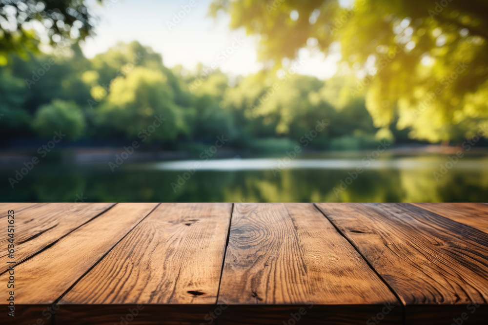 Empty wooden table top with blurred nature background. Calm sunny day, evening in nature with view to lake, river water and forest, park trees. Table top with copy space for product advertising Empty wooden table top with blurred nature background. Calm sunny day, evening in nature with view to lake, river water and forest, park trees. Table top with copy space for product advertising