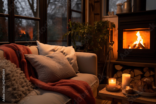 Detailed view of a cozy tiny home living room, fireplace burning, comfortable cushions, minimalist aestheti