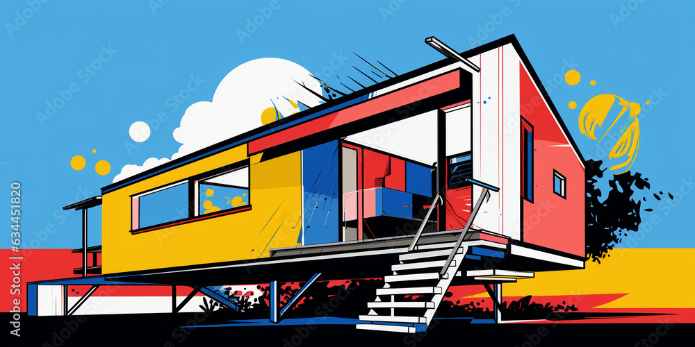 Bold, vibrant pop - art illustration of a tiny home, flat colors, contrasting background