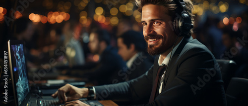 portrait call center man wearing headphone smiled working with staffs people,generative ai