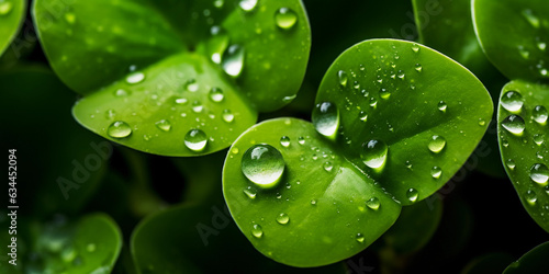 water droplets on microgreen leaves, illuminated by a soft light, showcasing the details and texture of the leaves