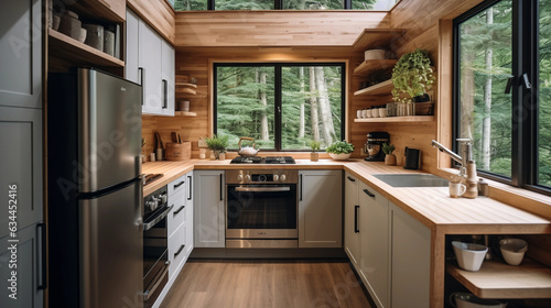 Tiny home kitchen space, clean lines, modern appliances, detailed wood grain