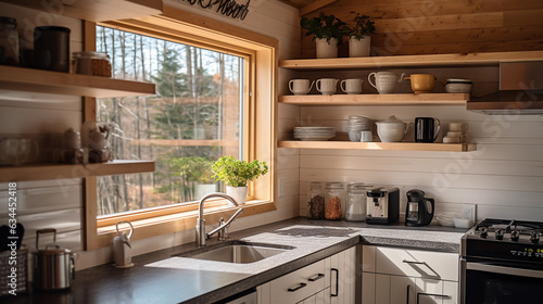 Tiny home kitchen space, clean lines, modern appliances, detailed wood grain
