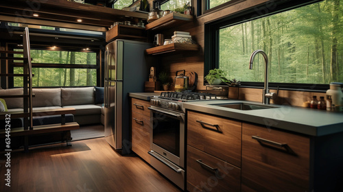 Tiny home kitchen space, clean lines, modern appliances, detailed wood grain © Marco Attano