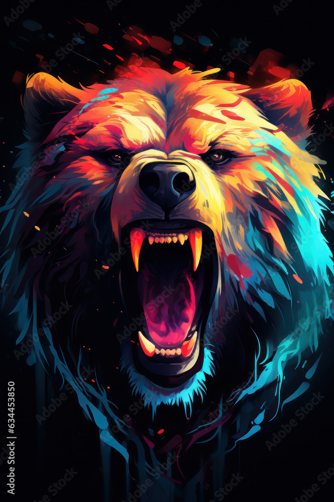 Grizzly Bear made with bold lines and gradient colors exuding light made with generative AI