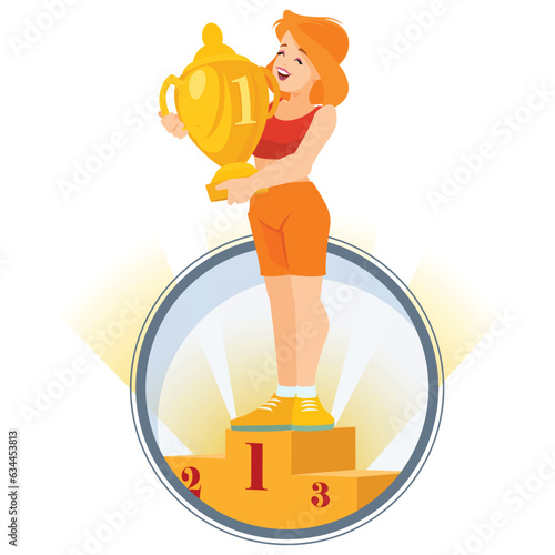 Happy cartoon woman hugging gold cup. Illustration for internet and mobile website.