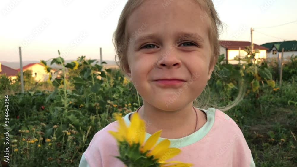 A little girl hugs and sniffs a sunflower in nature in a country village A little girl hugs and sniffs a sunflower in nature in a country village