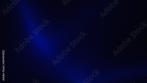 Abstract background with wavy surface made of blue dots on black. Grunge halftone background with dots. Abstract digital wave of particles. Futuristic point wave. Technology background vector