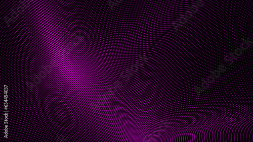 Abstract background with wavy surface made of purple dots on black. Grunge halftone background with dots. Abstract digital wave of particles. Futuristic point wave. Technology background vector