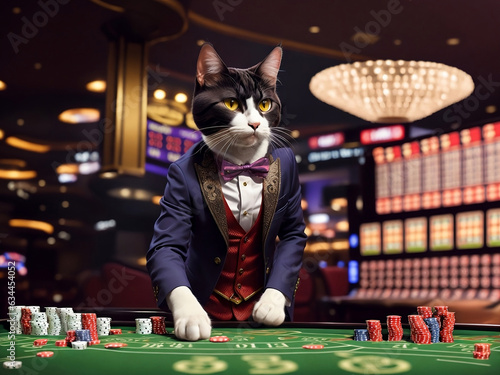 A cat in a tailcoat plays roulette in a gambling hall photo