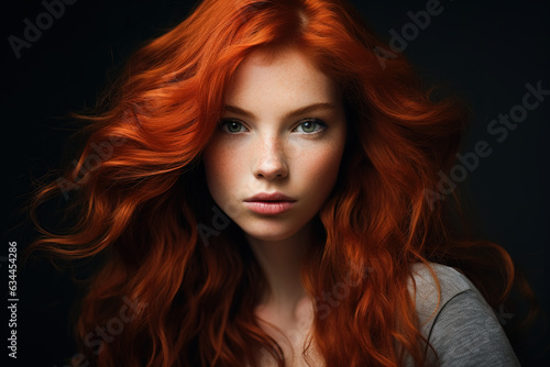 Portrait of a beautiful red-haired woman, the concept of youth and a beautiful hairstyle