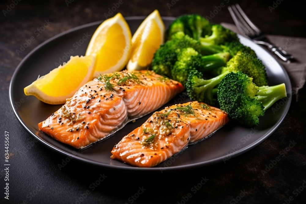 Grilled salmon fillet with broccoli and lemon on black plate. Grilled salmon fillet with broccoli and lemon on black plate.