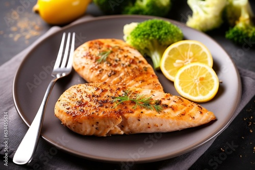 Grilled chicken fillet with lemon and broccoli on plate, closeup