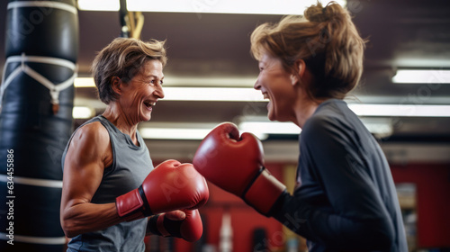 Senior woman boxer, displaying vitality and resilience, practicing with her coach. A confident expression of strength, active exercise, challenging stereotypes.