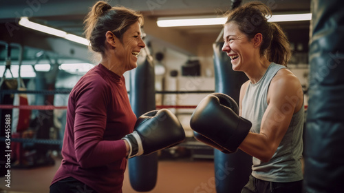 Senior woman boxer, displaying vitality and resilience, practicing with her coach. A confident expression of strength, active exercise, challenging stereotypes.