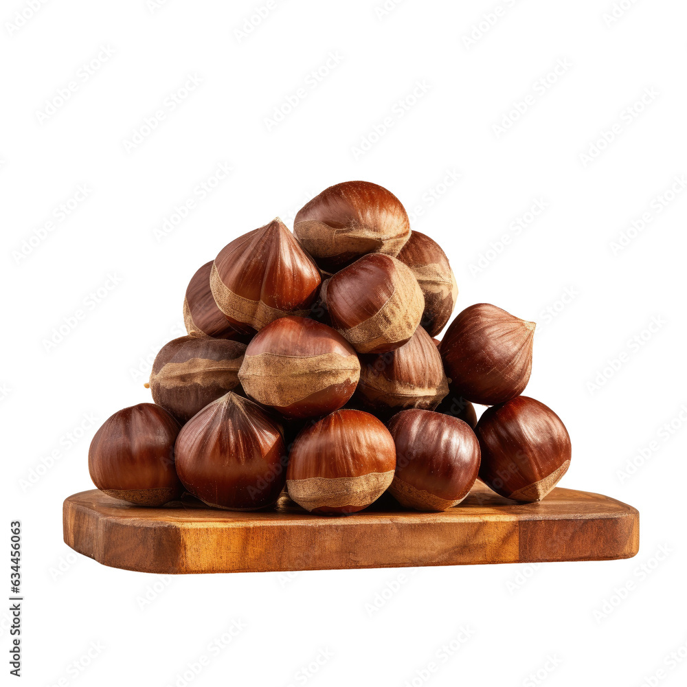 Fototapeta premium Fresh raw brown nuts from Spain s edible European chestnuts displayed on a transparent background