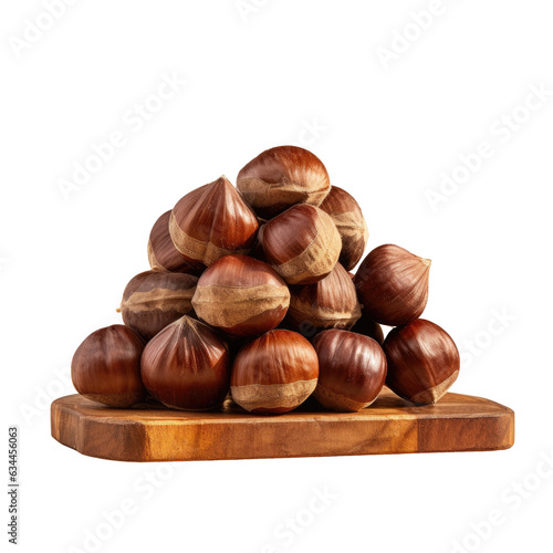 Fresh raw brown nuts from Spain s edible European chestnuts displayed on a transparent background photo