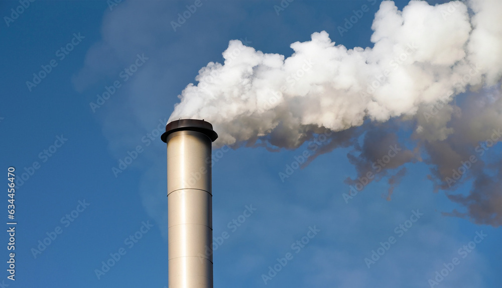 White smoke being discharged from a factory chimney into the sky