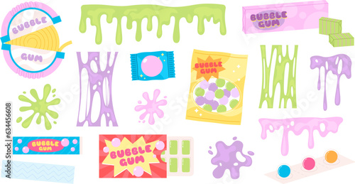 Gum splashes and pink slime, bubble gums sticky, chewing candies. Green splash, isolated blowing bubbles. Cartoon abstract racy vector clipart
