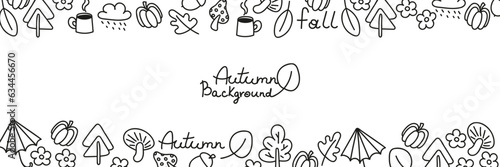 Autumn doodle background with copy space. Naive childish fall symbols, leaves, mushrooms, cloud, umbrella, trees, pumpkin, acorn. Abstract line frame, banner template. Vector illustration