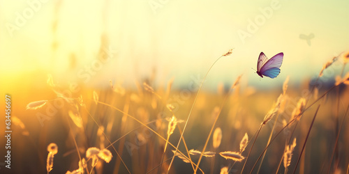 Spring defocused hay flowers blurred background with fresh broken warm sunshine and fly butterfly against sunny day. © PrettyStock
