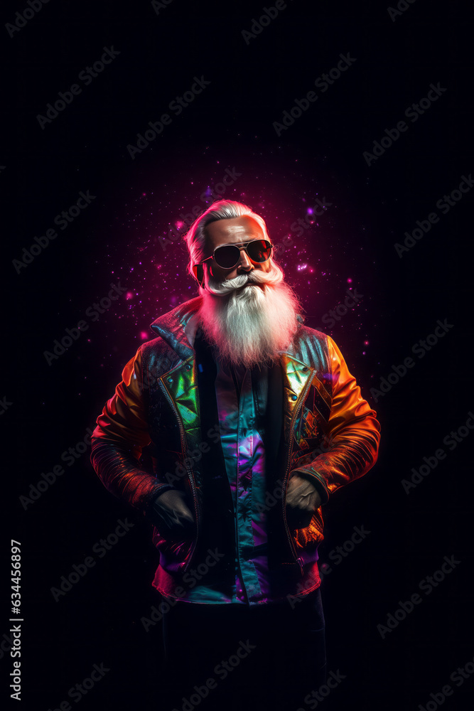 Trendy Santa Claus in fluorescent clothes illuminated by neon lights on a dark background. Concept of Christmas and New Year celebration and party, Luminous colors. 