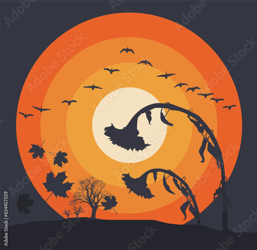 The sun is setting on summer in this illustration with migrating geese, wilting sunflowers and falling leaves.