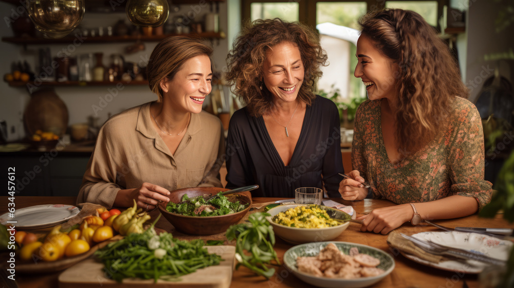 Women sit at the table eating, talking and laughing