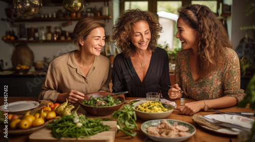 Women sit at the table eating  talking and laughing
