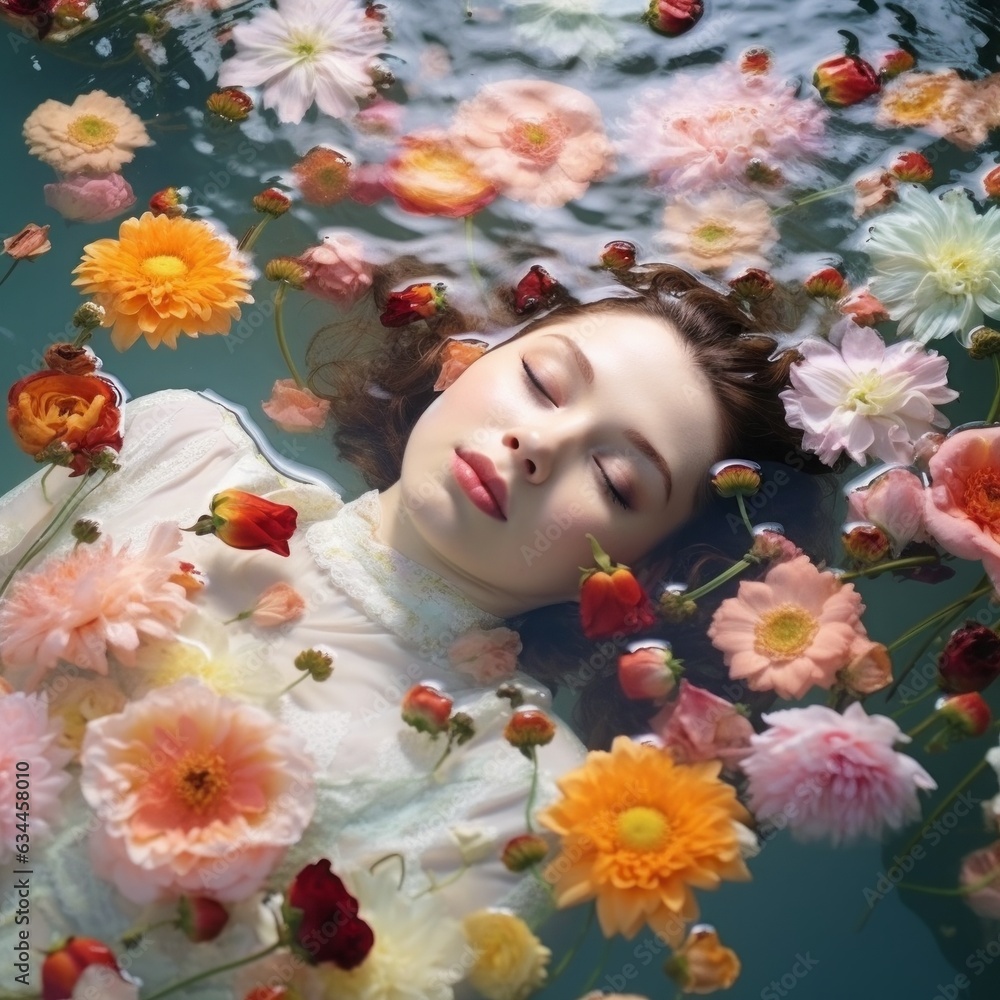 Underwater abstract portrait of young beautiful girl with colorful spring fresh flowers on water surface. Summer creative relaxing concept. Generative AI. Underwater abstract portrait of young beautiful girl with colorful spring fresh flowers on water surface. Summer creative relaxing concept. Generative AI.