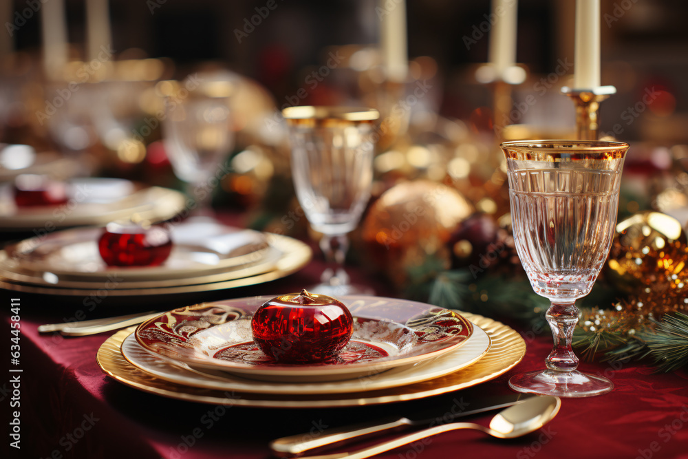 Elegant table setting with candles in restaurant. Selective focus. Romantic dinner setting with beautyful flowers and wineglasses on table in restaurant.