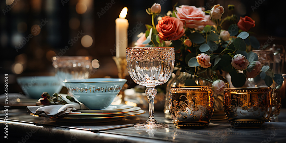  Elegant table setting with beautyful flowers, candles and wine glasses in restaurant.
