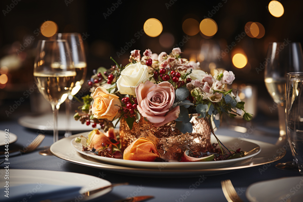 Elegant table setting with candles in restaurant. Selective focus. Romantic dinner setting with beautyful flowers and wineglasses on table in restaurant.